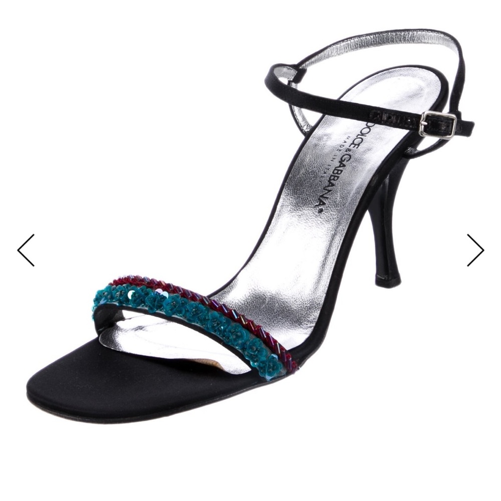 Dolce & Gabbana Black Heeled Sandals with Teal and Red Bead Trim - Picture 4 of 4